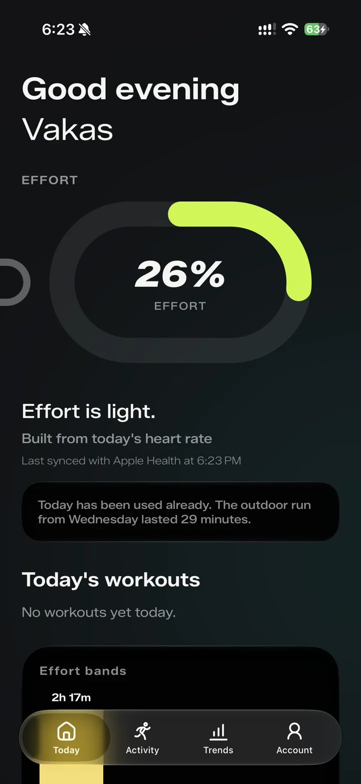 Rivel effort screen showing daily activity and heart rate