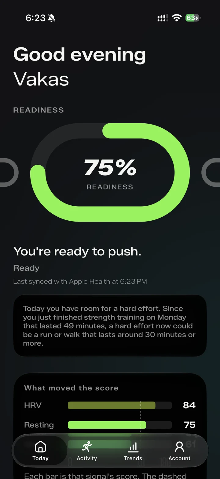 Rivel readiness screen showing a 75 percent readiness score