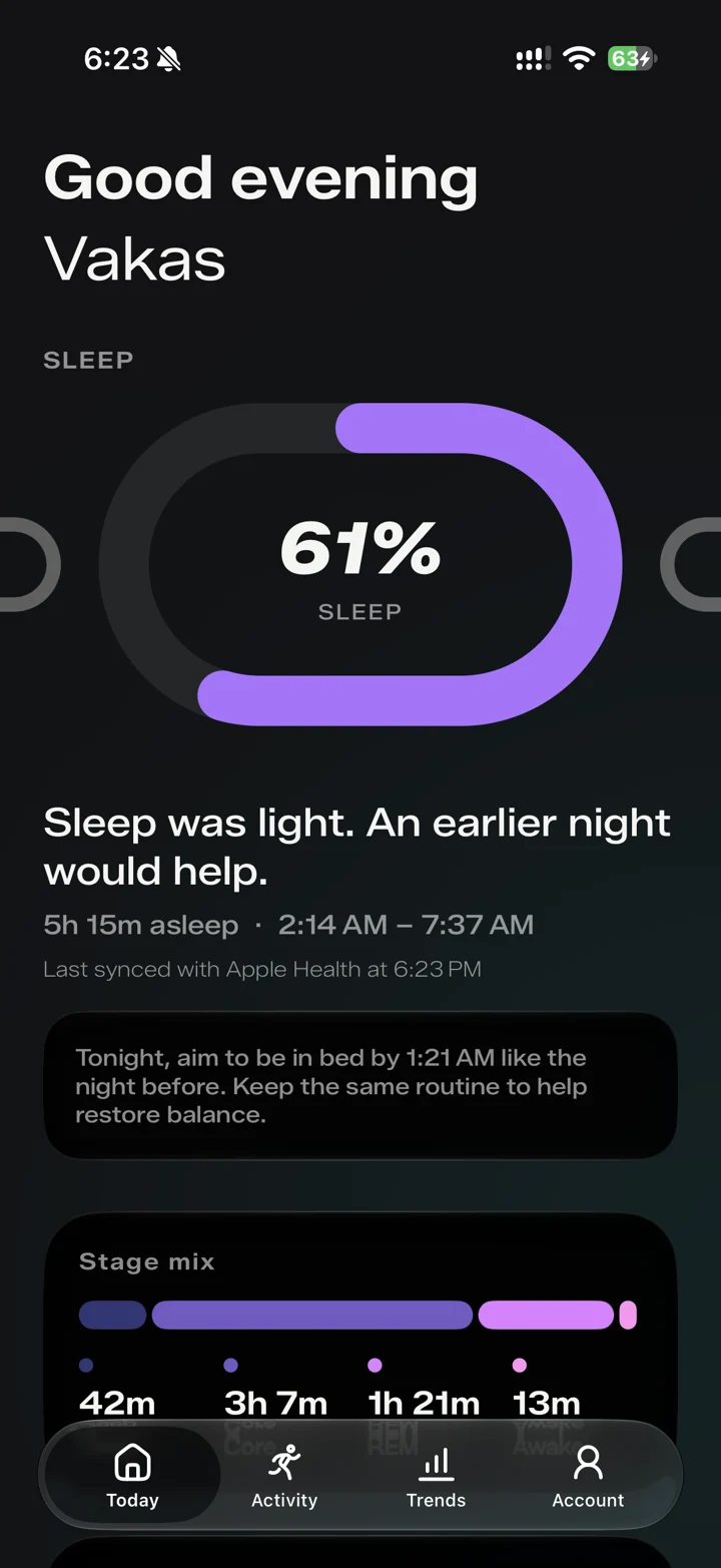 Rivel sleep screen with sleep score and stages
