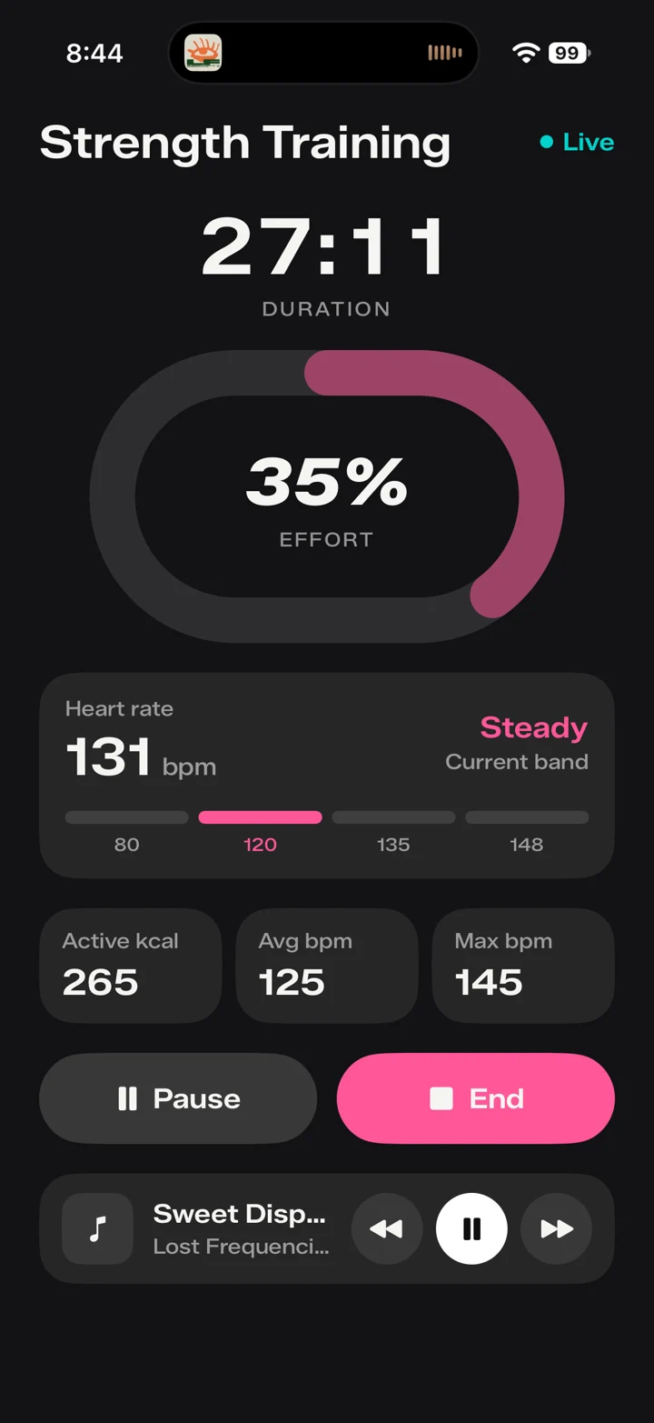 Rivel live workout screen with duration, effort, heart rate zones and music controls